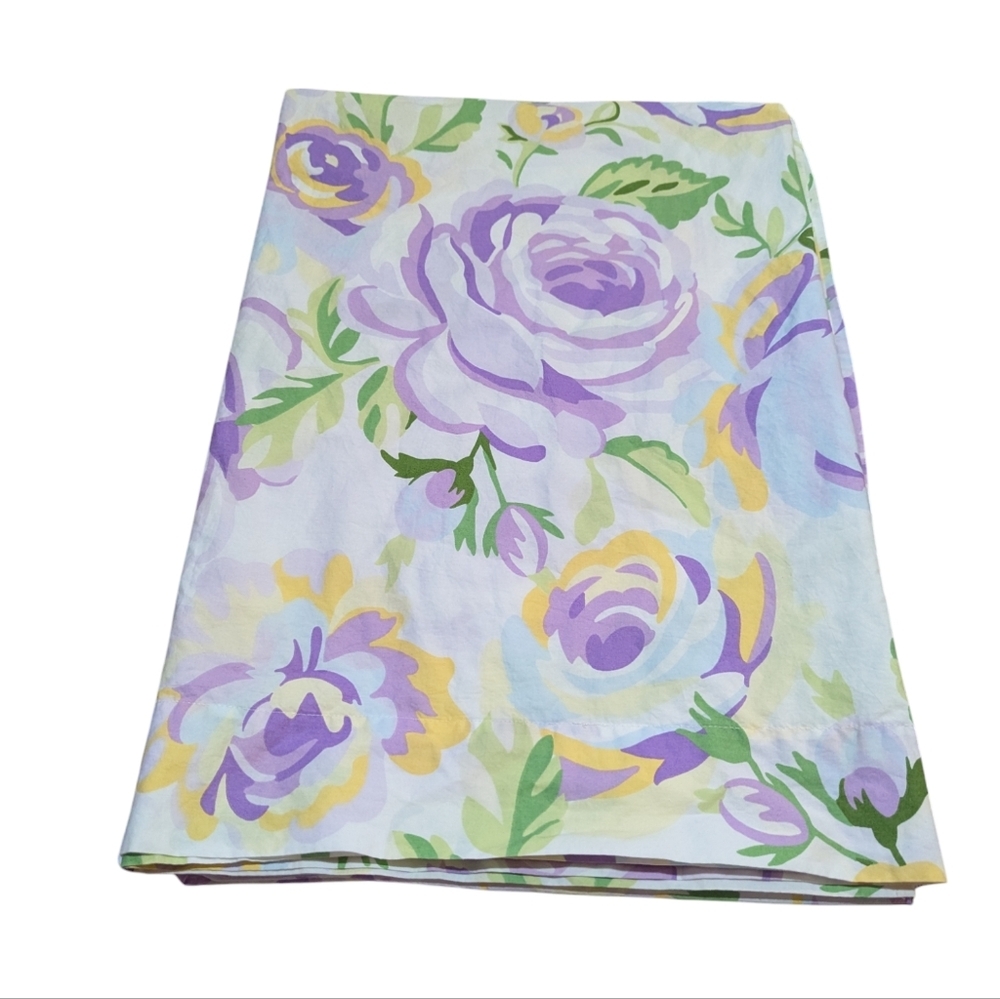 Pottery Barn Kids Big Rose Twin Flat Sheet Purple Green Yellow Floral Preppy